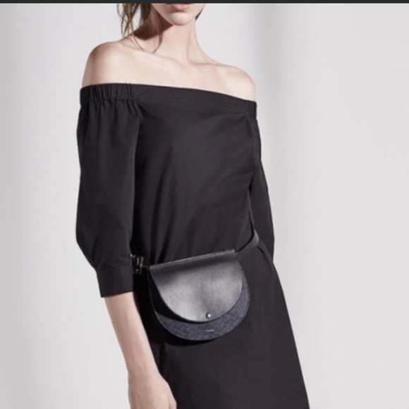 Theory black leather and denim hip pouch with silver hardware & adjustable strap - Picture 1 of 16